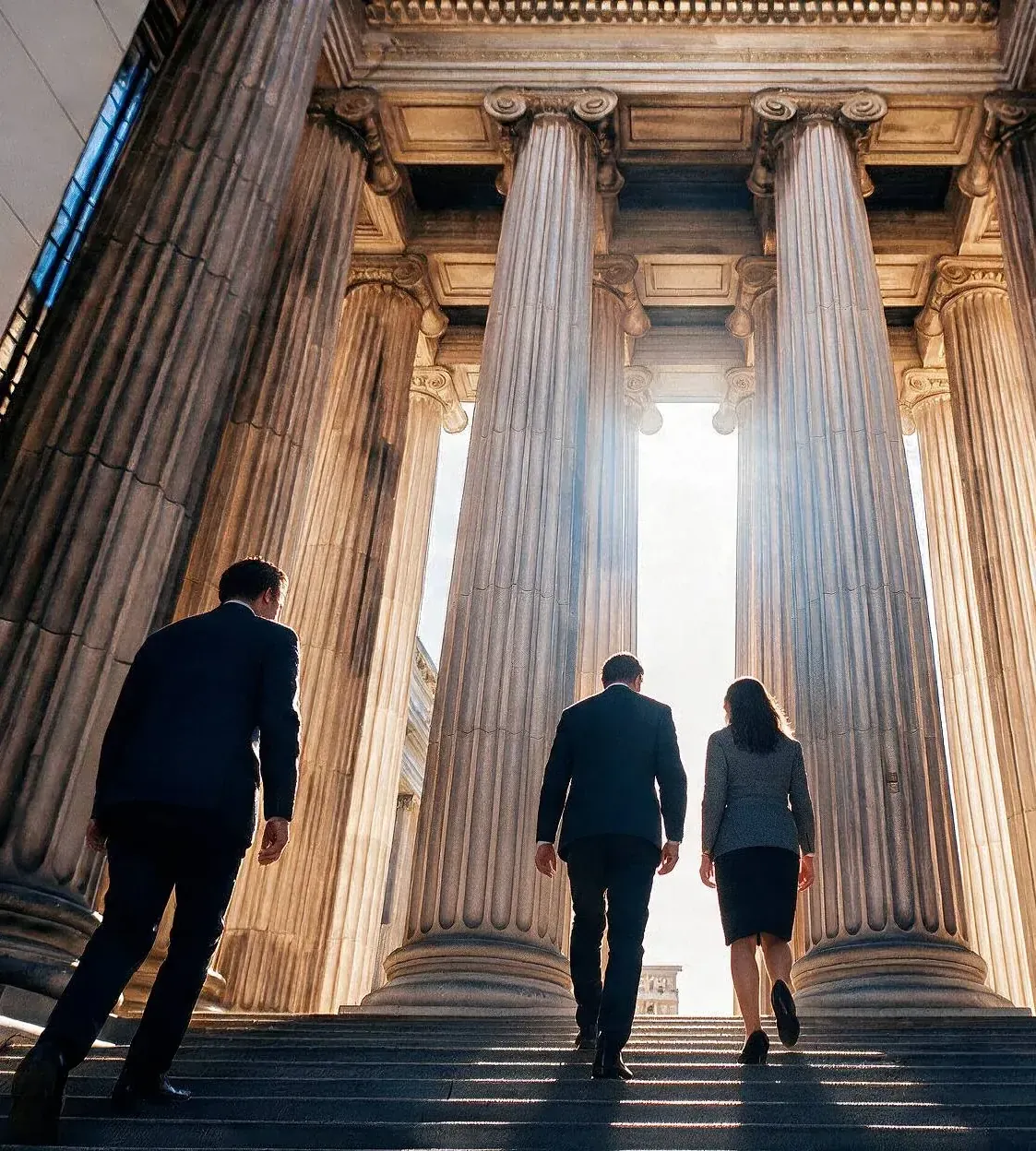 Trois professionnels du droit montant les marches d'un palais de justice à colonnades